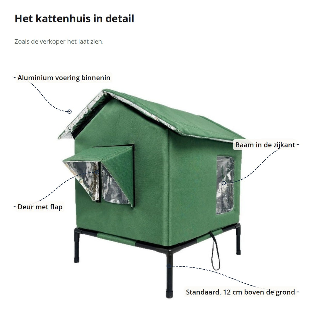 Groen kattenhuis met aanduidingen: aluminium voering binnenin, deur met flap, raam in de zijkant en standaard 12 cm boven de grond