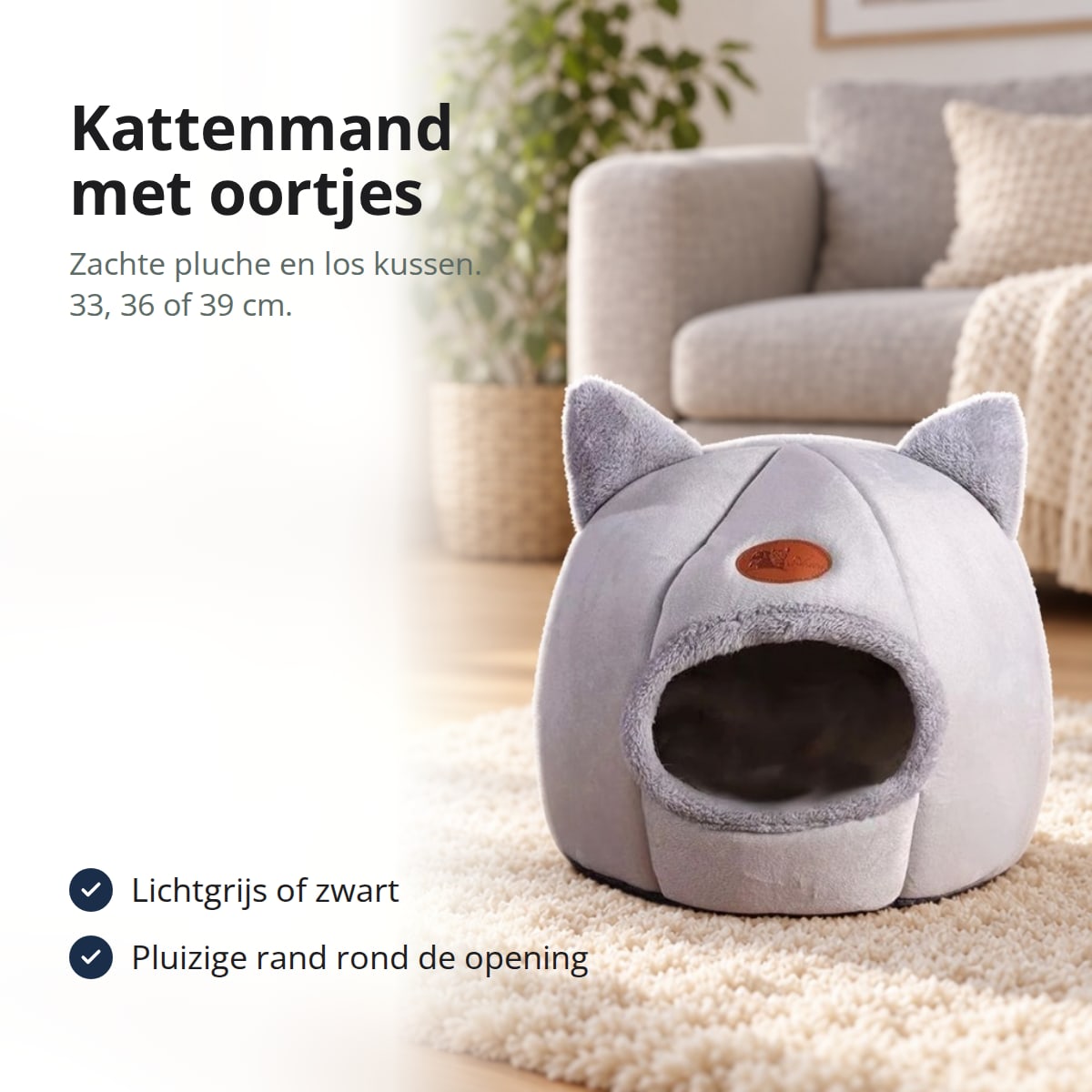 Lichtgrijze kattenmand met kattenoortjes, met tekst: lichtgrijs of zwart, pluizige rand rond de opening