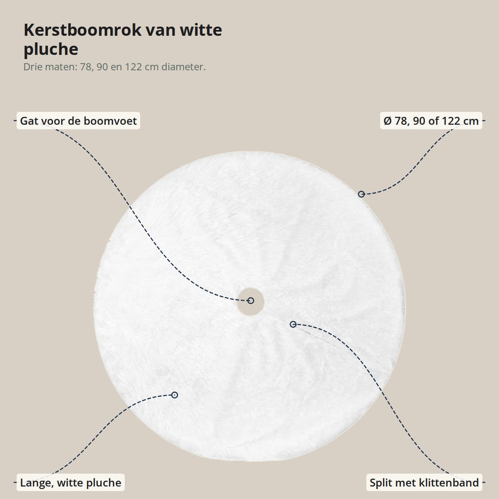 De kerstboomrok van bovenaf met aanduidingen: gat voor de kerstboomvoet, Ø 78, 90 of 122 cm, lange witte pluche en split met klittenband