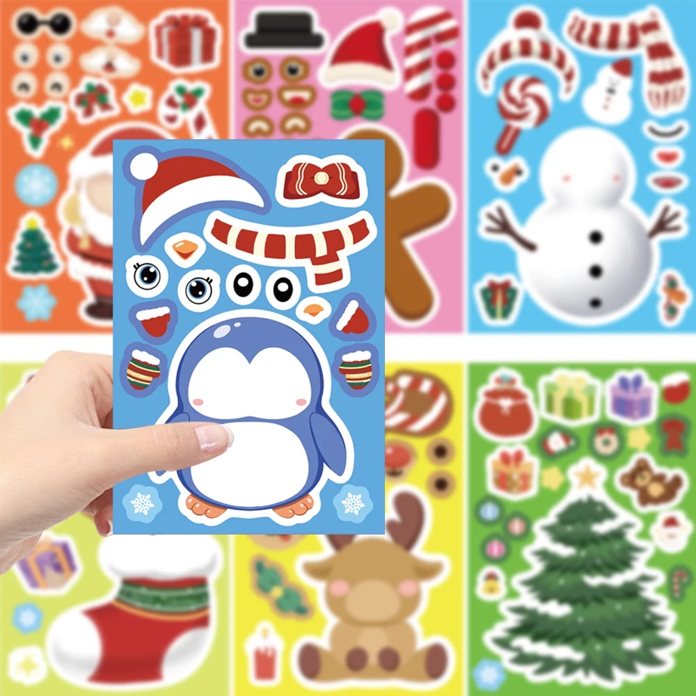 Een hand houdt een stickervel met een pinguïn vast