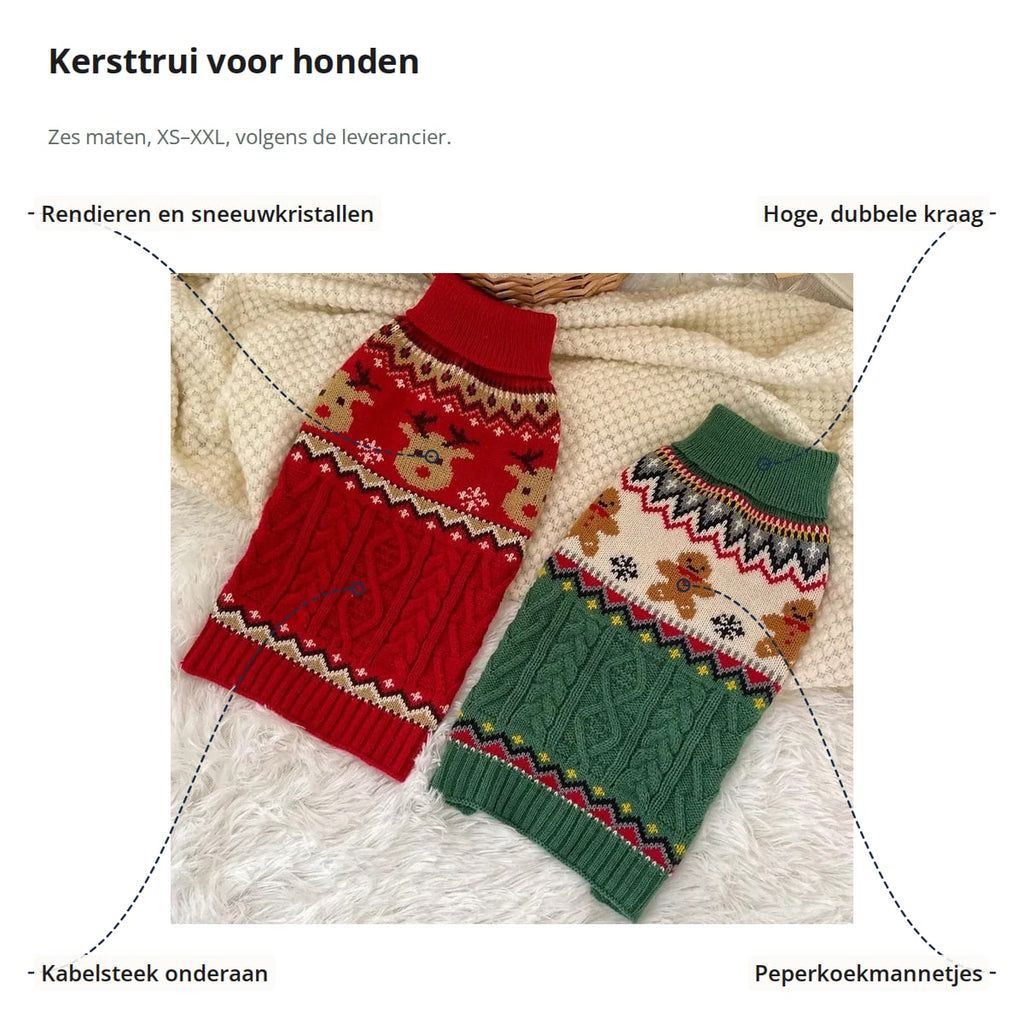 De twee kersttruien plat neergelegd, met aanduidingen: rendieren en sneeuwkristallen, hoge dubbele kraag, peperkoekmannetjes en kabelsteek