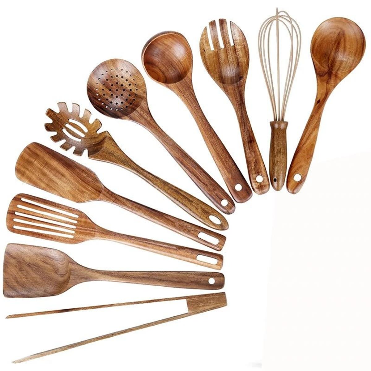 De tien delen van teak van bovenaf: garde, lepels, spatels, spaghettilepel en tang