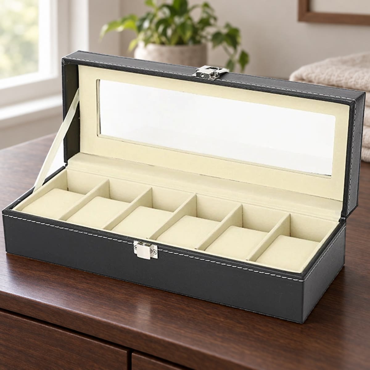 Lege horlogebox met zes beige kussentjes en open deksel op een notenhouten ladekast