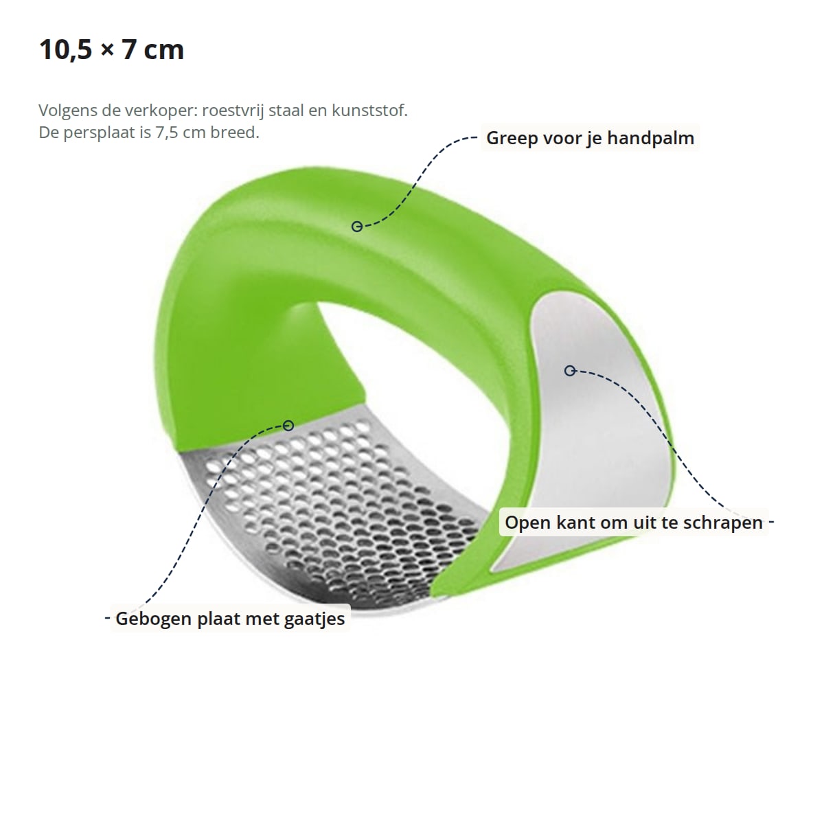 Knoflookpers van 10,5 × 7 cm met gebogen plaat met gaatjes, greep voor de handpalm en open kant om uit te schrapen aangegeven