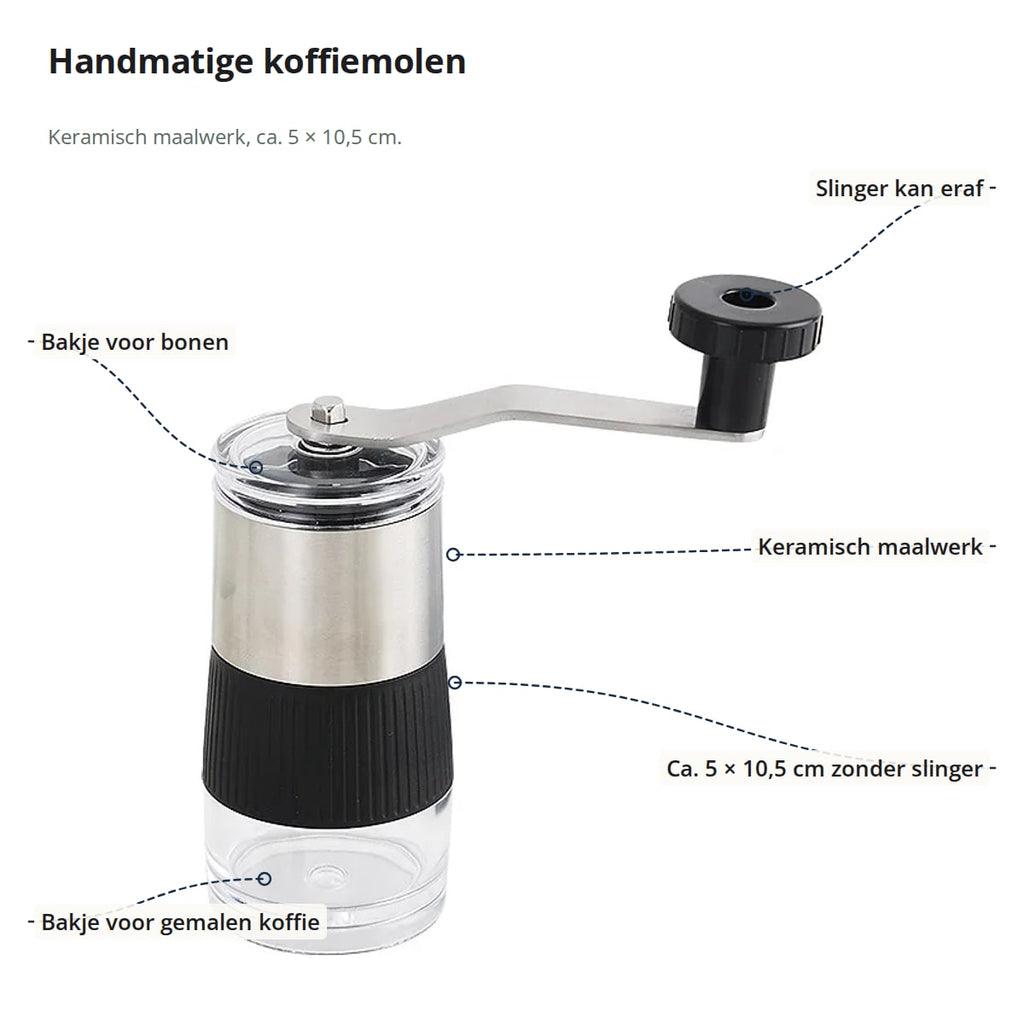 De koffiemolen met aanduidingen: afneembare slinger, bakje voor bonen, keramisch maalwerk, bakje voor gemalen koffie en afmetingen