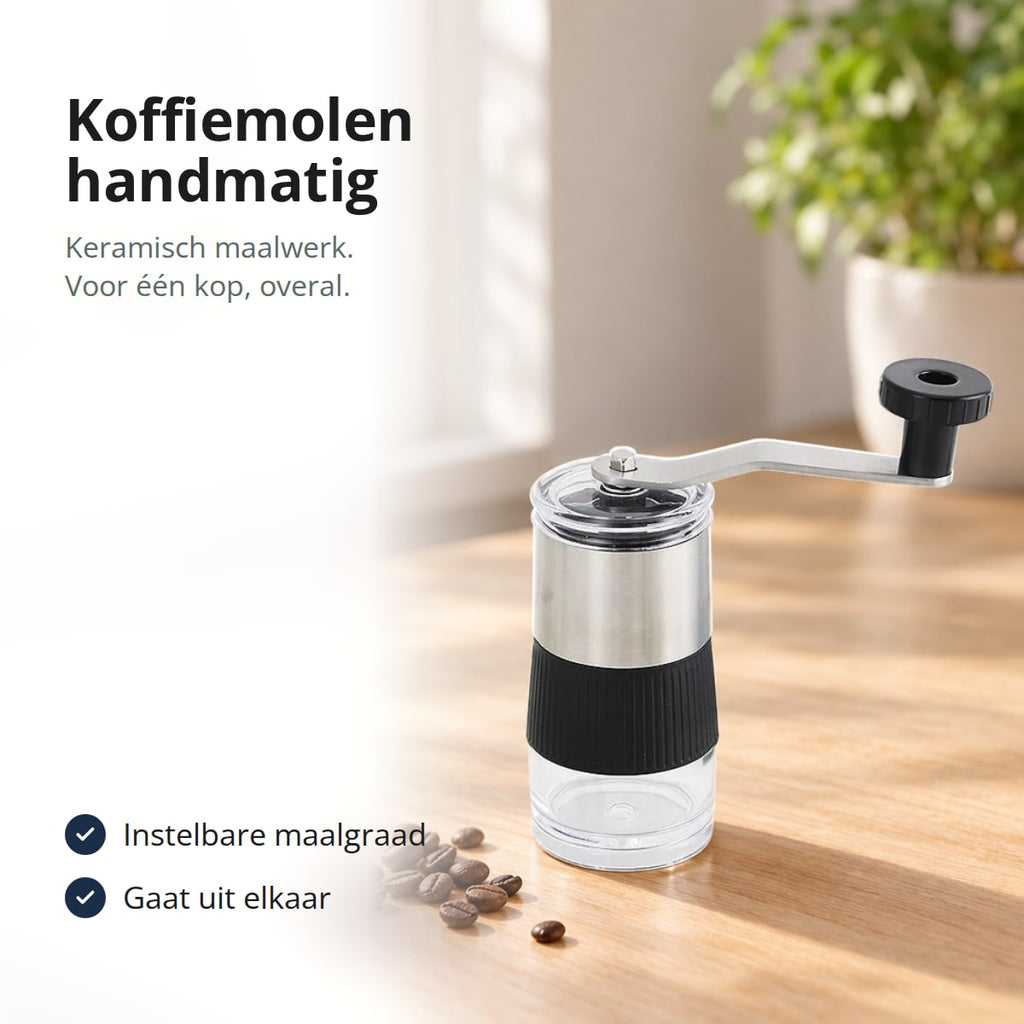 Handmatige koffiemolen van roestvrij staal, met tekst: instelbare maalgraad, gaat uit elkaar