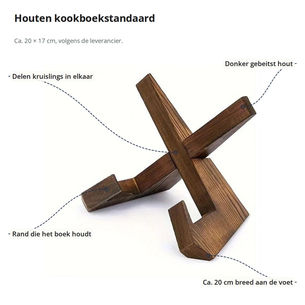 Houten kookboekstandaard met aanduidingen: het kruis, de rand die het boek vasthoudt, het donker gebeitste hout en de breedte aan de voet