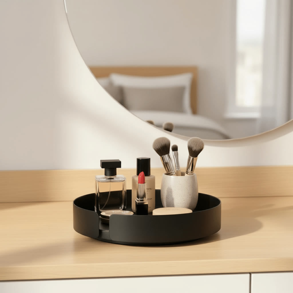 Het draaiplateau op een kaptafel met parfum en kwasten voor een ronde spiegel