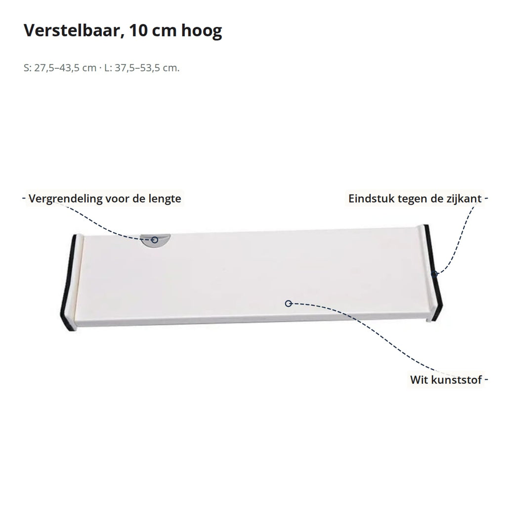 Ladeverdeler met uitleg: vergrendeling voor de lengte, eindstuk tegen de zijkant van de lade en wit kunststof