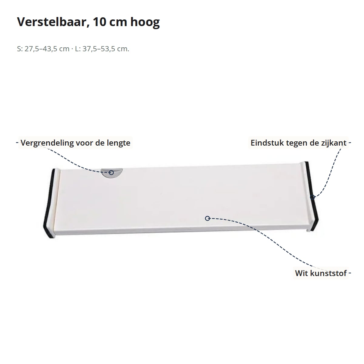 Ladeverdeler met uitleg: vergrendeling voor de lengte, eindstuk tegen de zijkant van de lade en wit kunststof