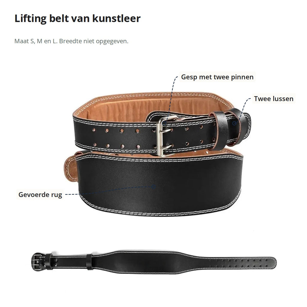 De lifting belt gesloten en uitgevouwen, met aanduidingen: gesp met twee pinnen, twee lussen en gevoerde rug