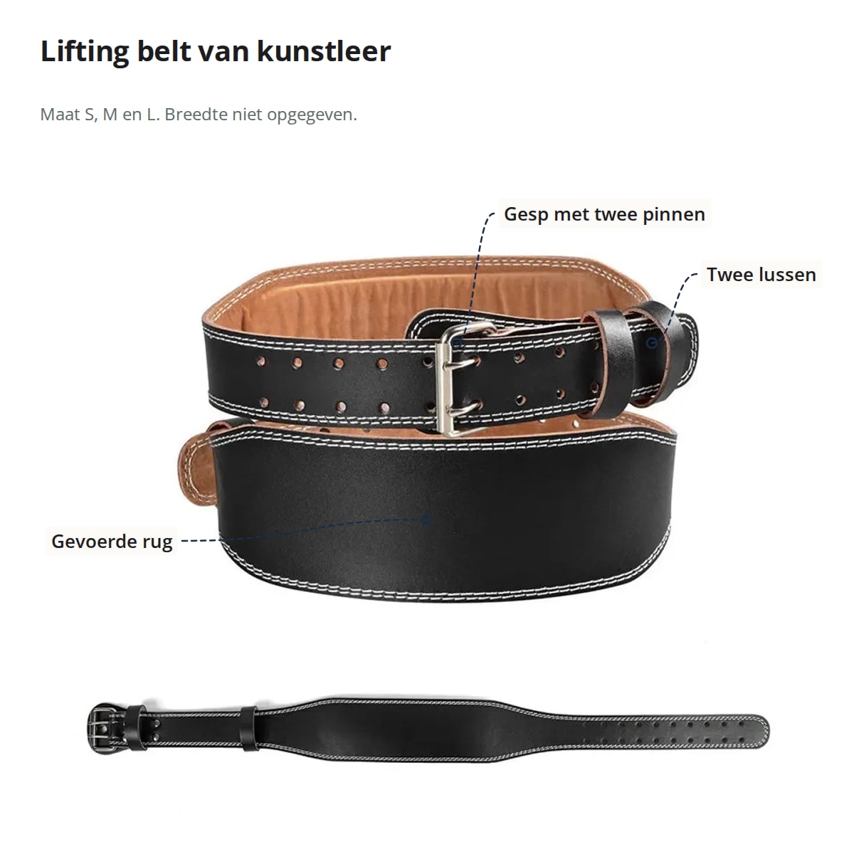 De lifting belt gesloten en uitgevouwen, met aanduidingen: gesp met twee pinnen, twee lussen en gevoerde rug
