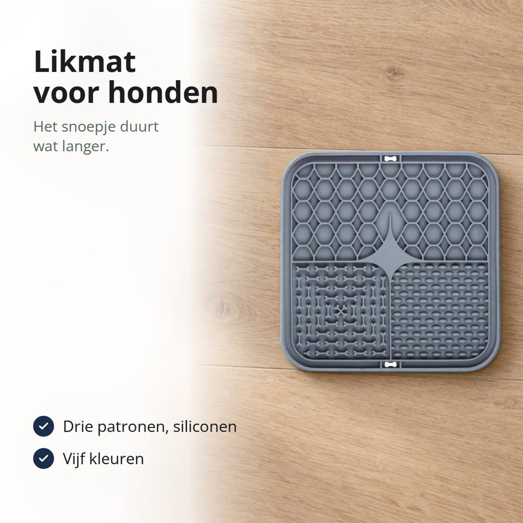 Grijze likmat voor honden op een eikenhouten vloer, met de tekst: drie patronen van siliconen, vijf kleuren