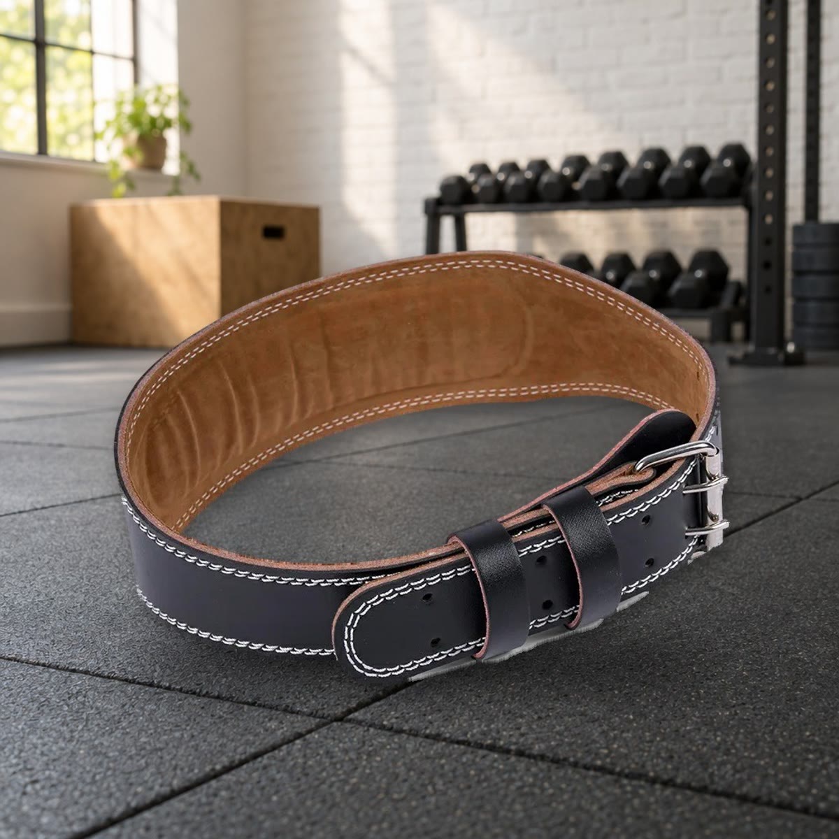 De lifting belt gesloten tot een ring, met bruine binnenkant en gesp, op een rubberen vloer in een sportschool