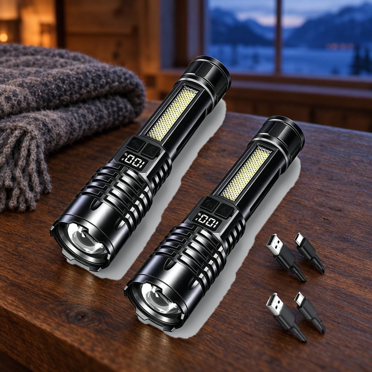 Twee oplaadbare zaklampen met zijlicht en display, met USB-C-kabels, op een tafel in een vakantiehuisje