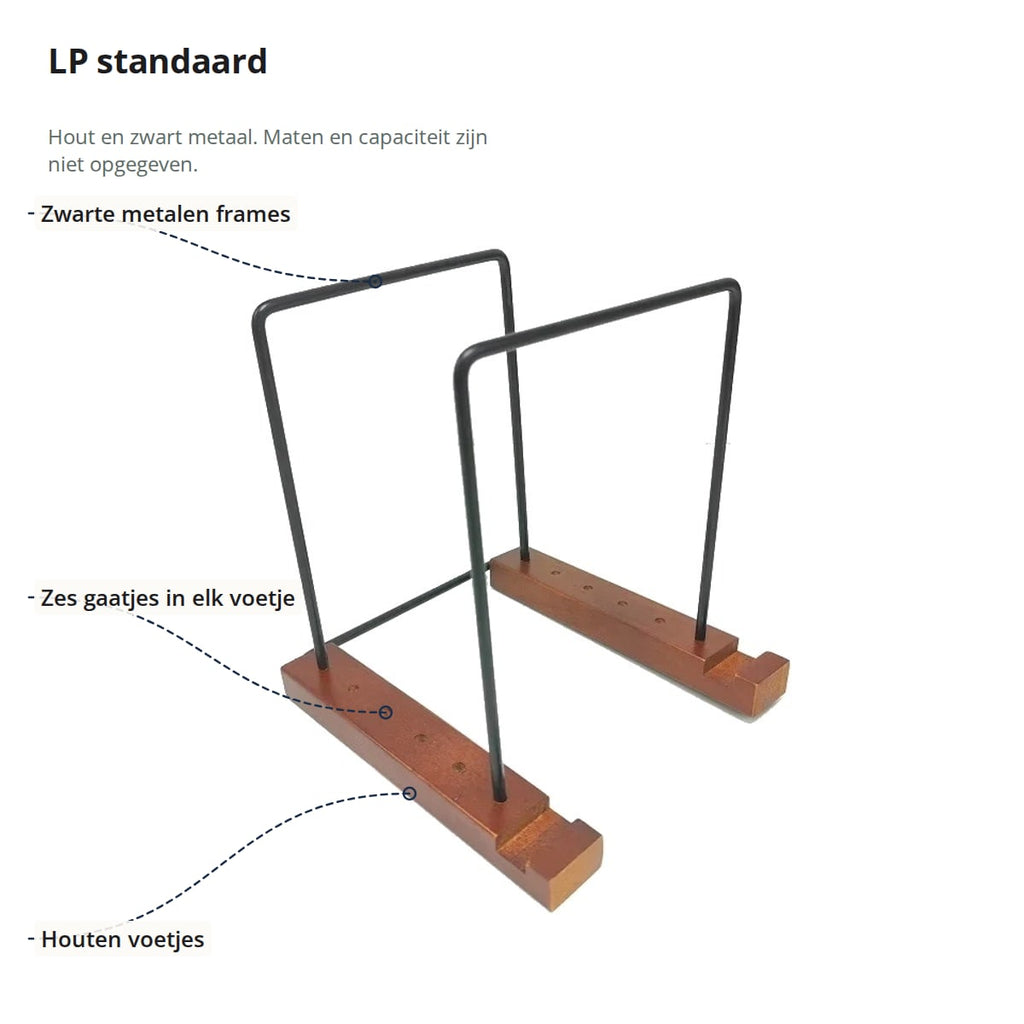 Lege LP standaard met aanduidingen: de zwarte metalen frames, de gaatjes in de voetjes en de houten voetjes