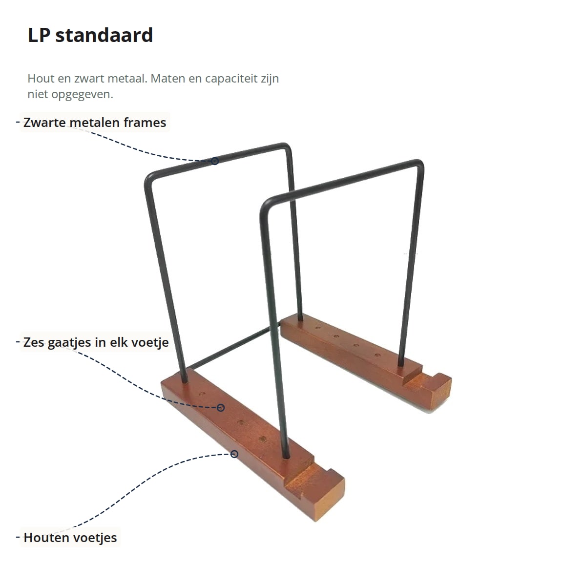 Lege LP standaard met aanduidingen: de zwarte metalen frames, de gaatjes in de voetjes en de houten voetjes