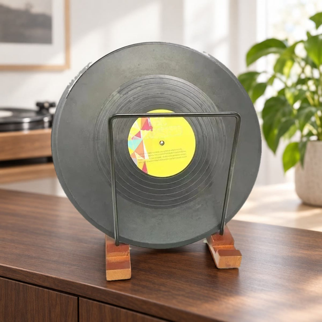 LP standaard van voren gezien met een vinylplaat tussen de frames, op een notenhouten dressoir met een groene plant