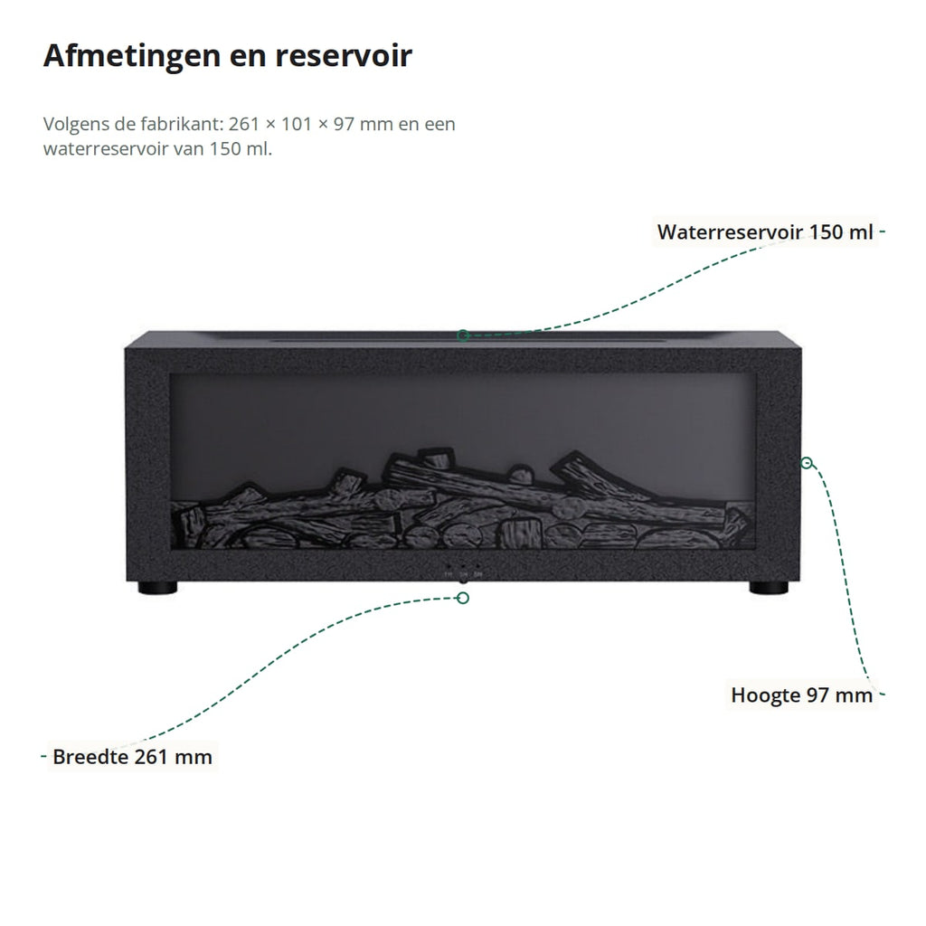 De luchtbevochtiger van voren met afmetingen: 261 mm breed, 97 mm hoog en een waterreservoir van 150 ml