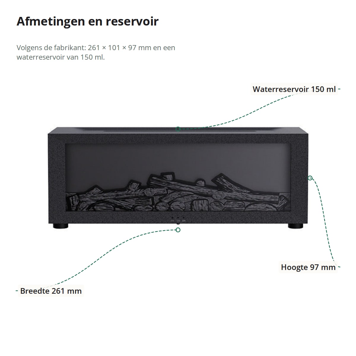 De luchtbevochtiger van voren met afmetingen: 261 mm breed, 97 mm hoog en een waterreservoir van 150 ml