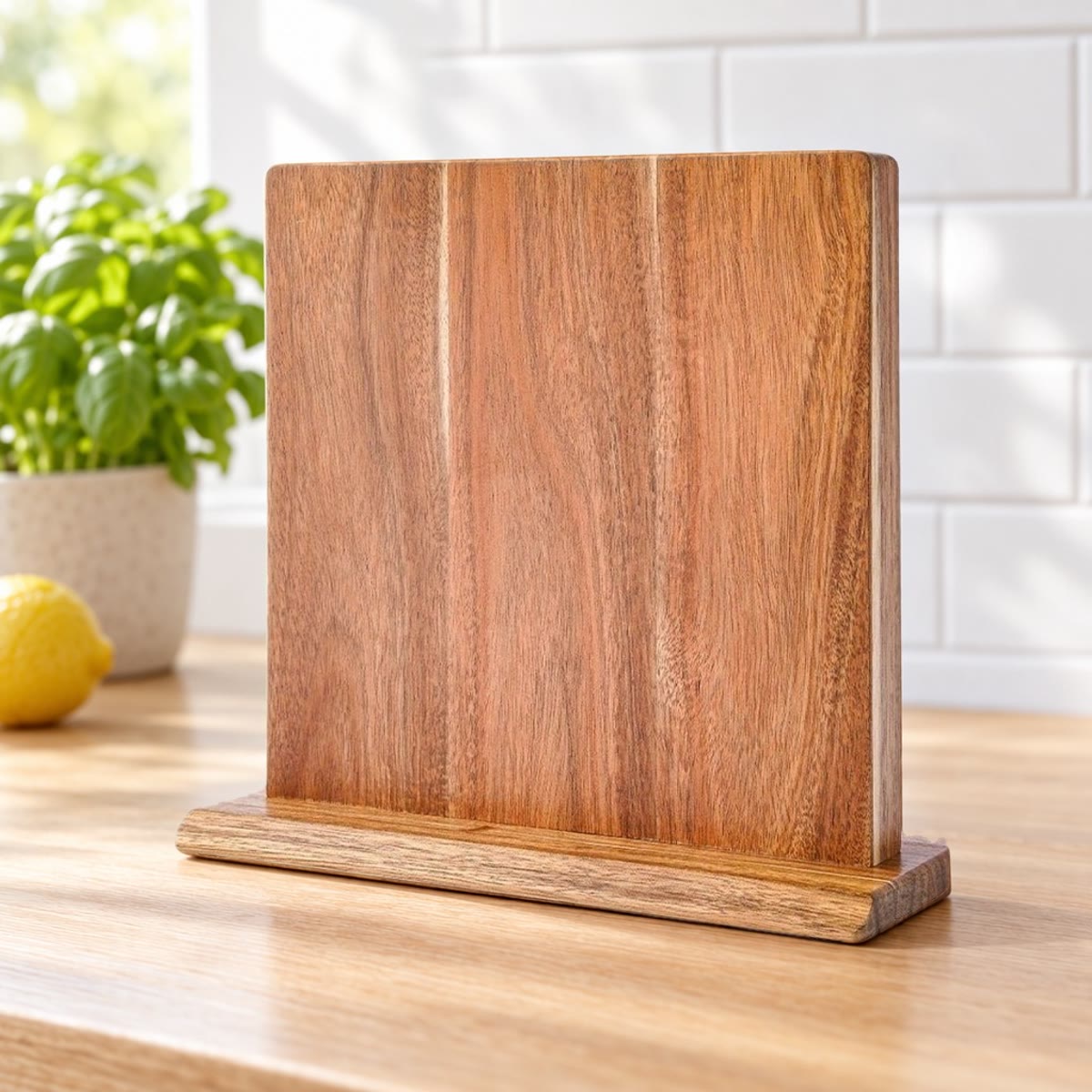 Magnetisch messenblok van acacia op een eikenhouten aanrecht, met basilicum en een citroen erachter