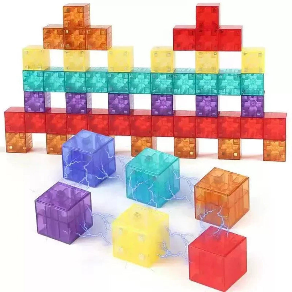 Brug en toren gebouwd van doorzichtige magnetische blokken