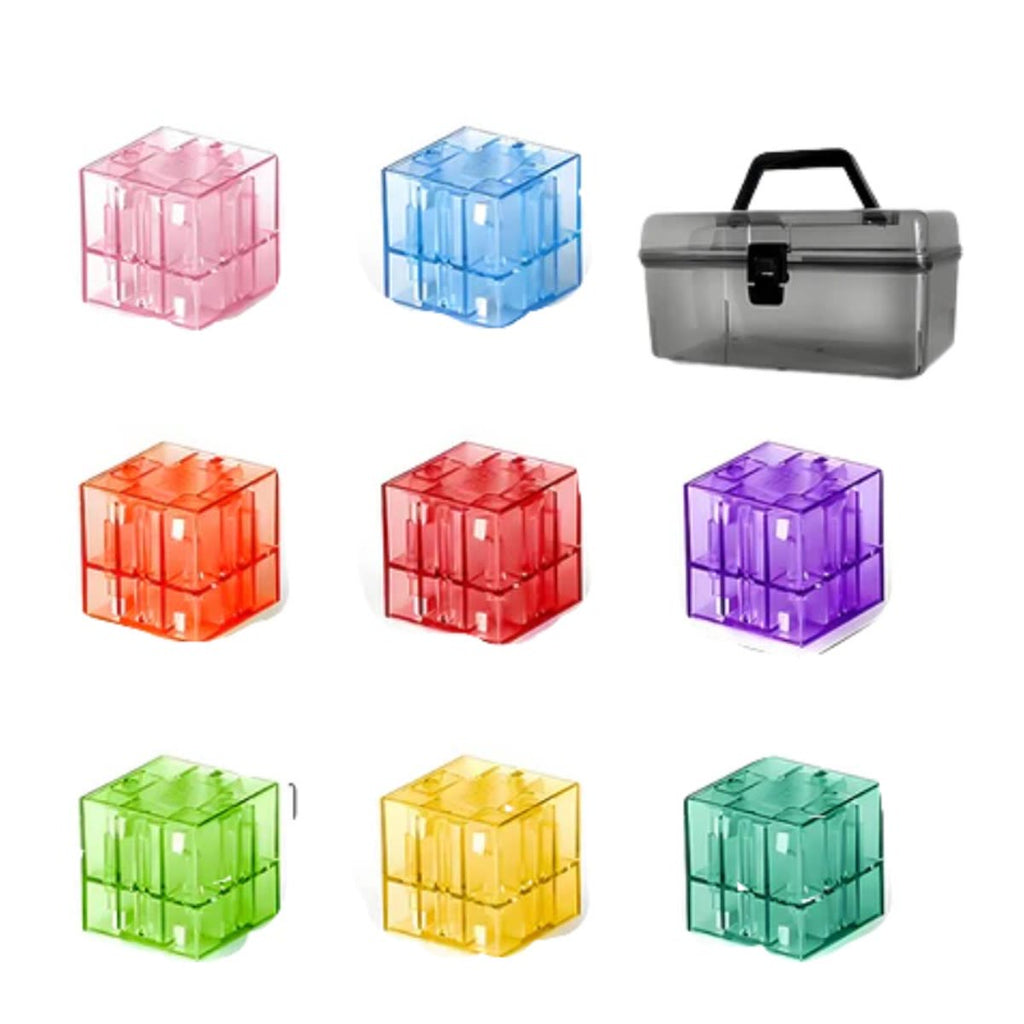 De acht kleuren van de blokken en de opbergdoos die erbij zit