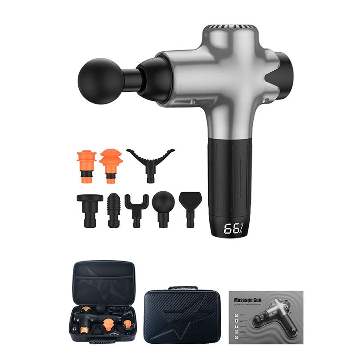 Massage gun met lcd-display en 8 massagekoppen – Zilver