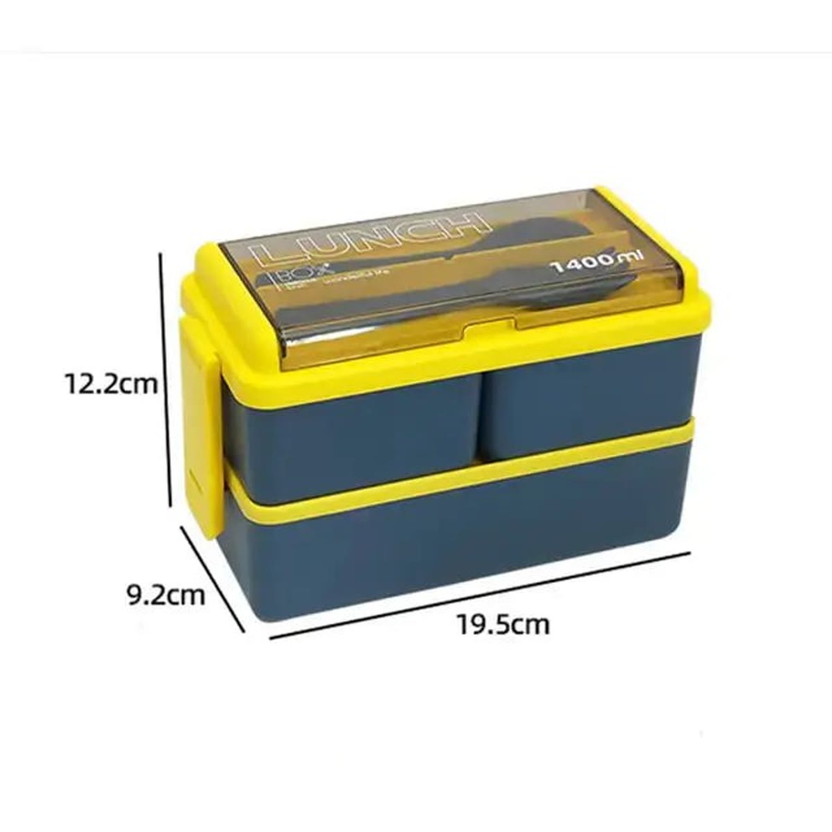 Maatschets van de bento box van 1400 ml: 19,5 cm lang, 9,2 cm breed en 12,2 cm hoog
