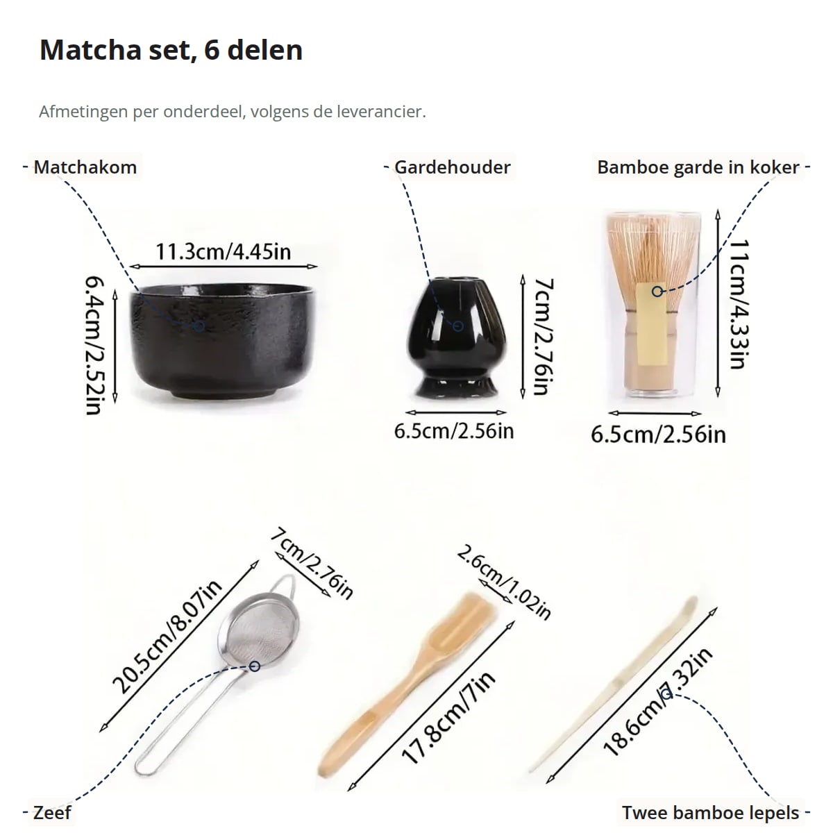 De zes delen van de matcha set met aanduidingen: matchakom, gardehouder, bamboe garde in koker, zeef en twee bamboe lepels