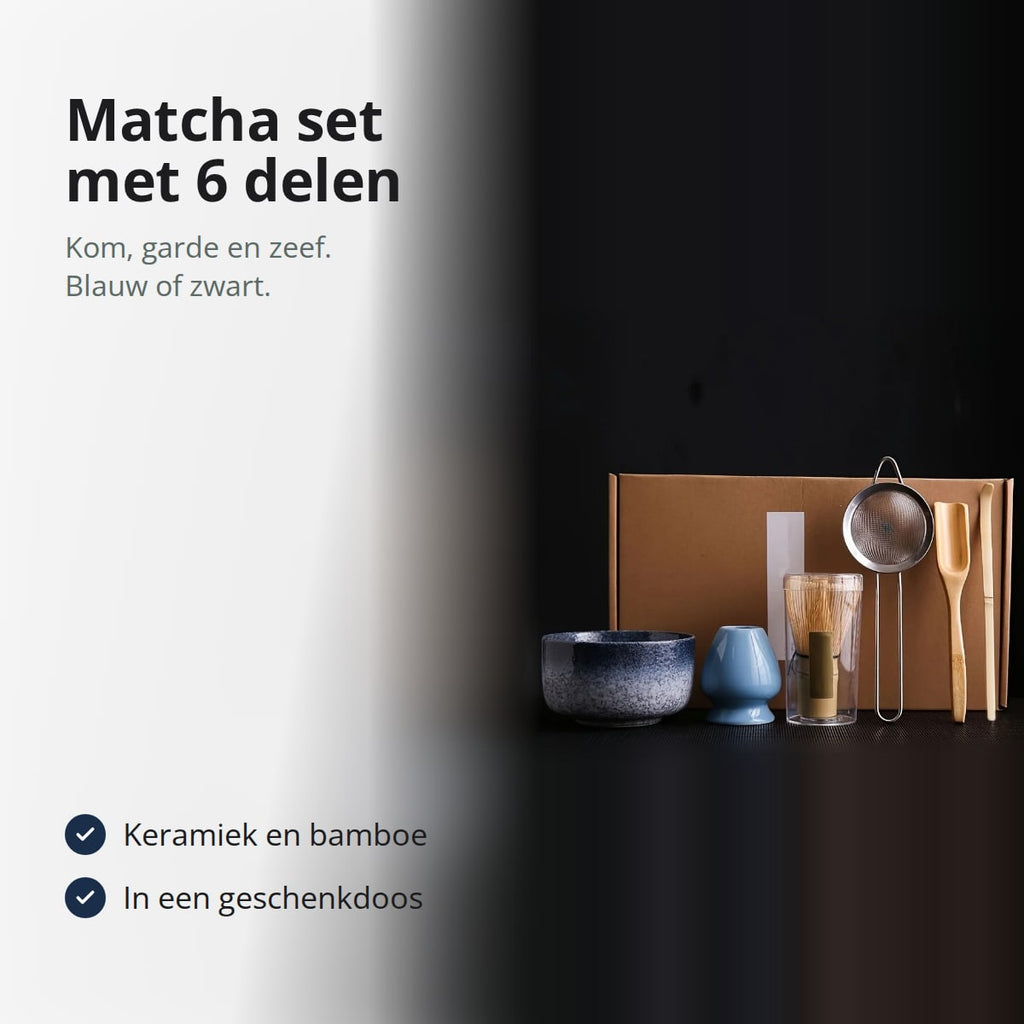Matcha set met kom, bamboe garde en zeef, met tekst: keramiek en bamboe, geleverd in geschenkdoos