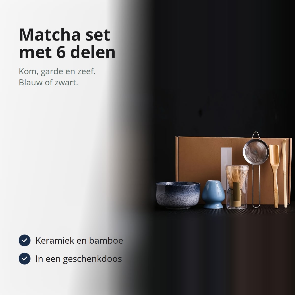 Matcha set met kom, bamboe garde en zeef, met tekst: keramiek en bamboe, geleverd in geschenkdoos