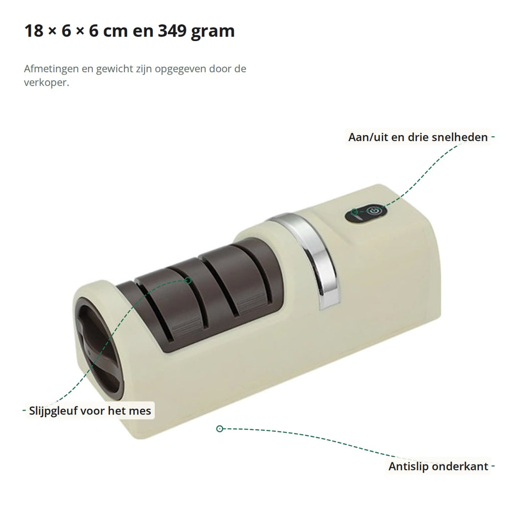 De crèmewitte messenslijper met aanduidingen: knop voor aan/uit en drie snelheden, slijpgleuf voor het mes en antislip onderkant