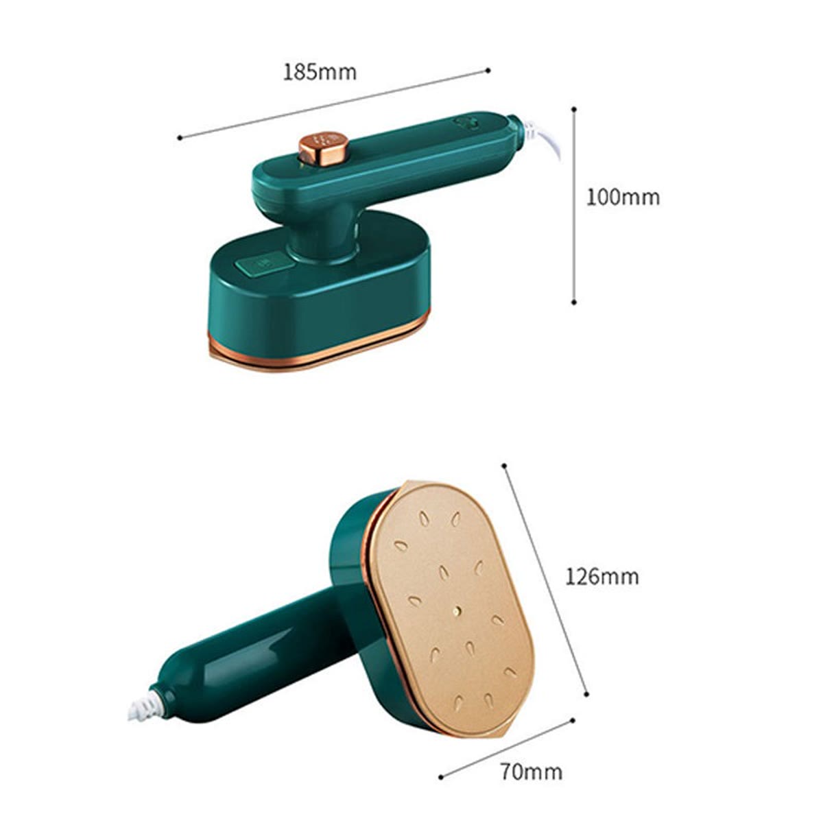 Maatschets van het mini strijkijzer: 185 mm lang, 100 mm hoog, zool 126 × 70 mm