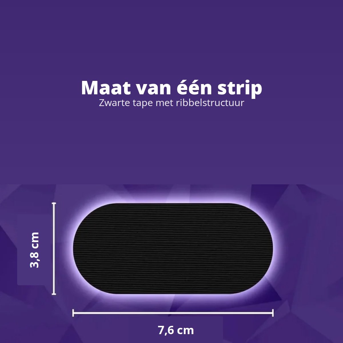 Maat van één strip mondtape: 7,6 cm breed en 3,8 cm hoog