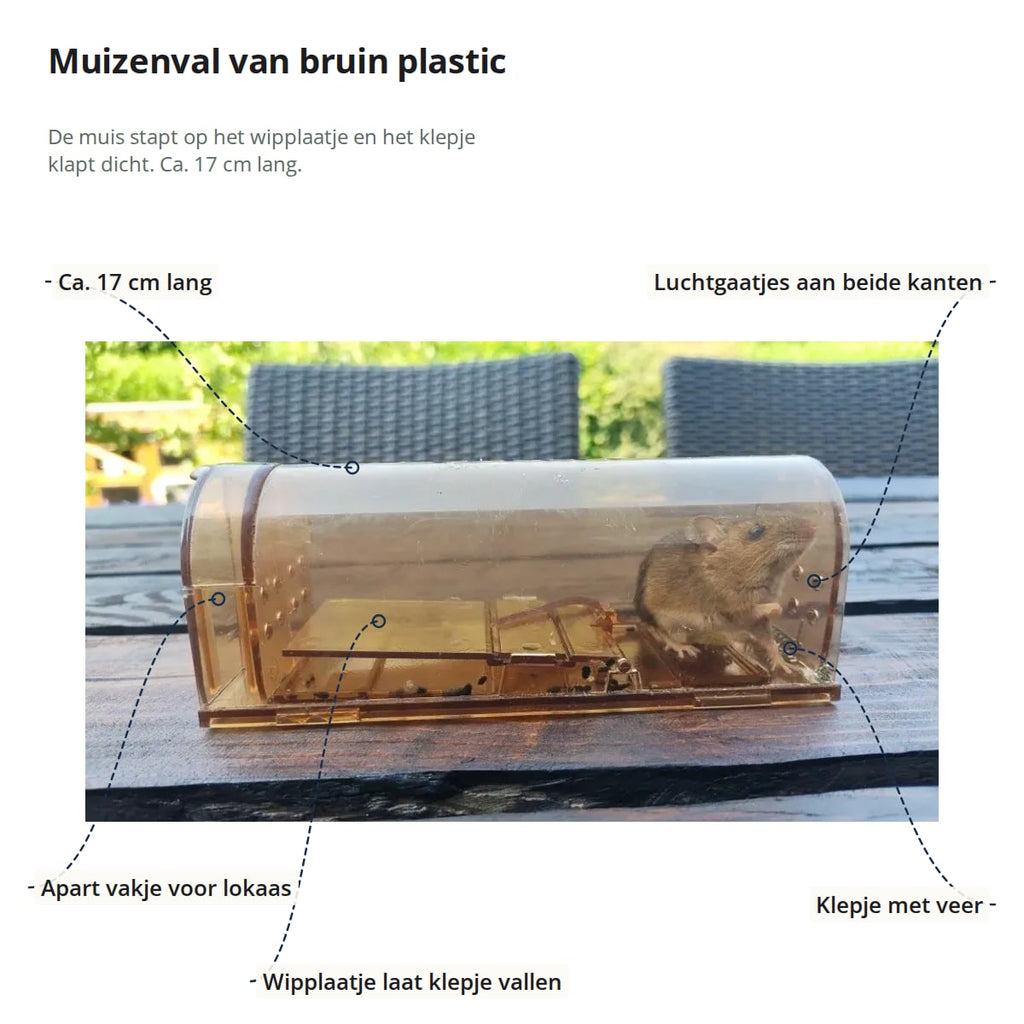 De muizenval met aanduidingen: ca. 17 cm lang, luchtgaatjes aan beide kanten, apart vakje voor lokaas, wipplaatje dat het klepje laat vallen en klepje met veer