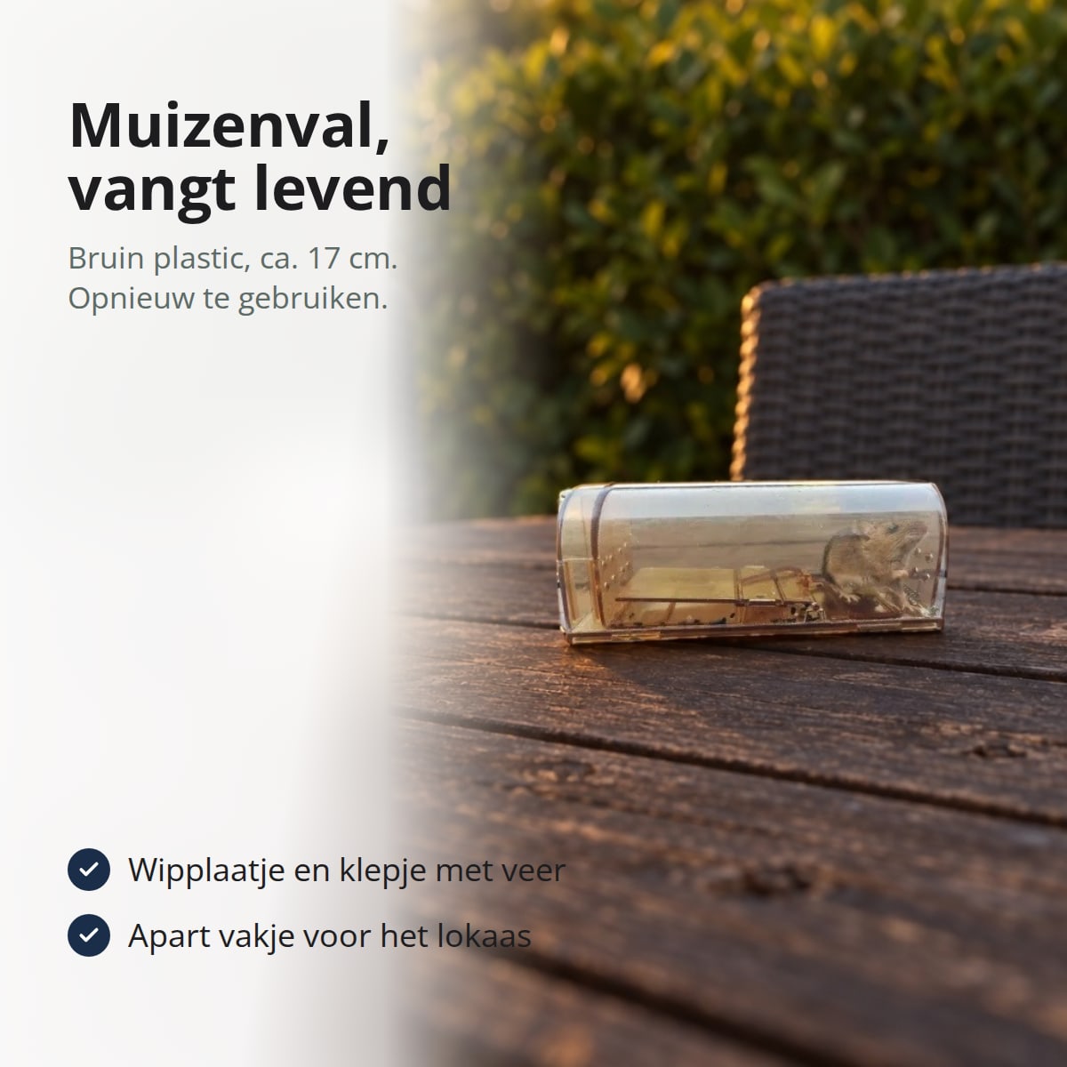 Diervriendelijke muizenval van doorzichtig bruin plastic op een tuintafel, met de tekst: muizenval, vangt levend, bruin plastic, ca. 17 cm, opnieuw te gebruiken, wipplaatje en klepje met veer, apart vakje voor het lokaas