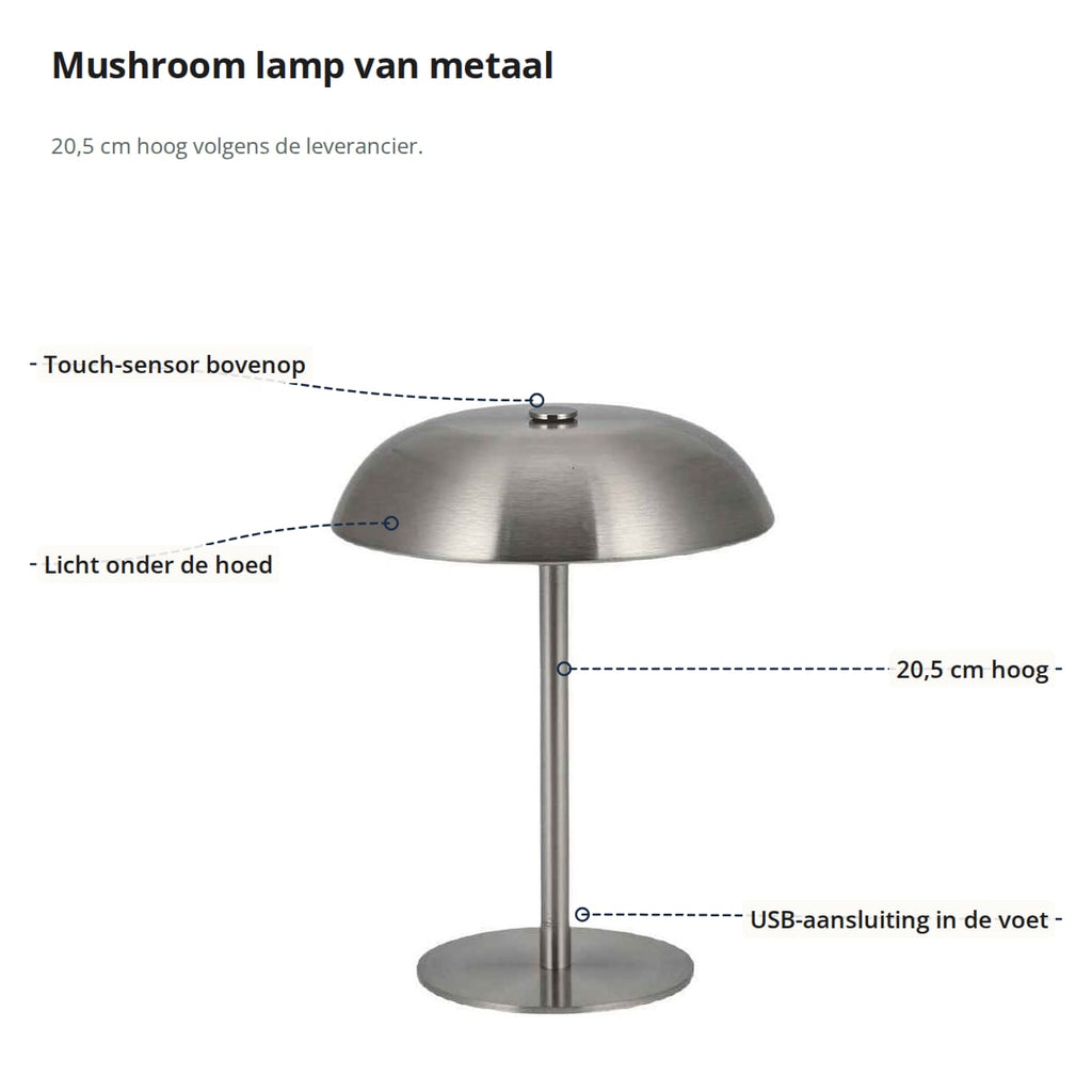 De mushroom lamp met aanduidingen: touch-sensor bovenop, 20,5 cm hoog, licht onder de hoed en USB-aansluiting in de voet