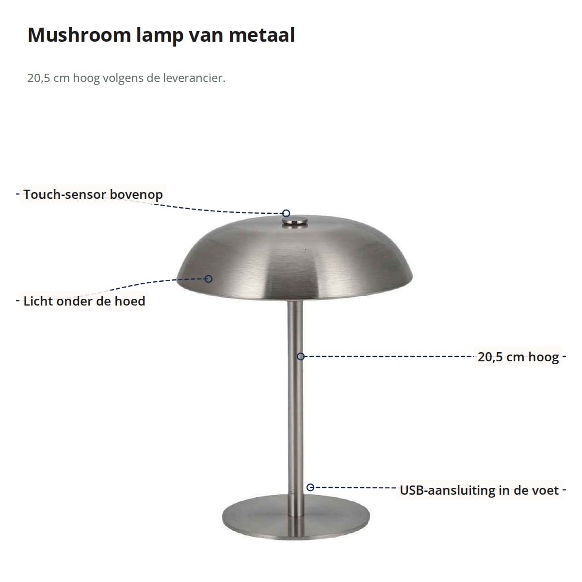 De mushroom lamp met aanduidingen: touch-sensor bovenop, 20,5 cm hoog, licht onder de hoed en USB-aansluiting in de voet
