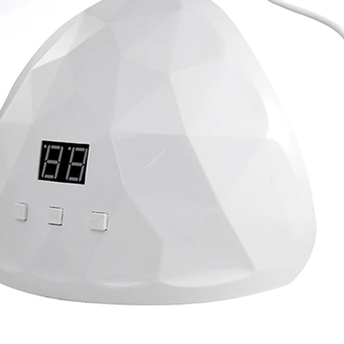 Witte nagellamp met gefacetteerd oppervlak, display en drie knoppen, van voren gezien