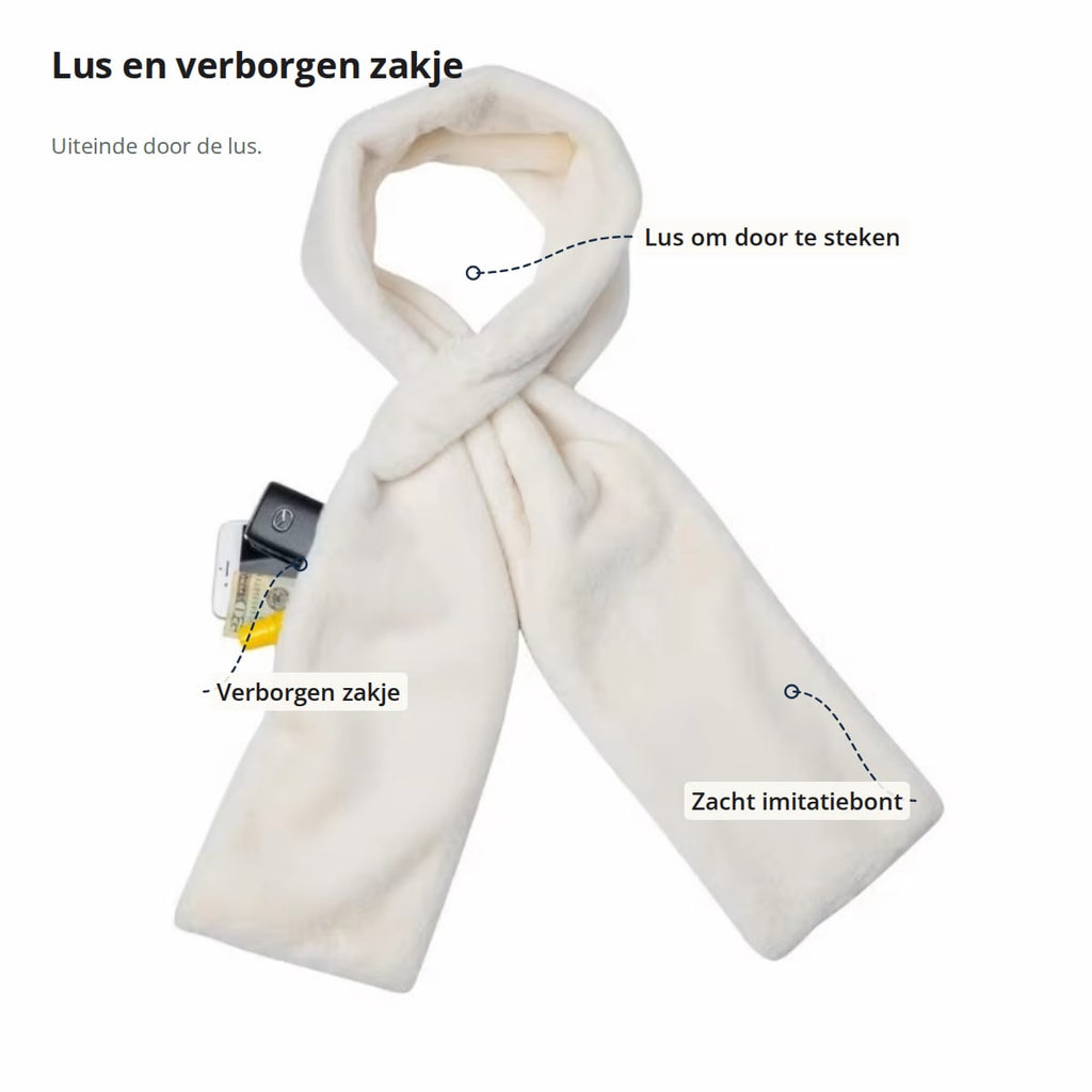 Nekwarmer met aanduidingen: lus om het uiteinde door te steken, verborgen zakje en zacht imitatiebont