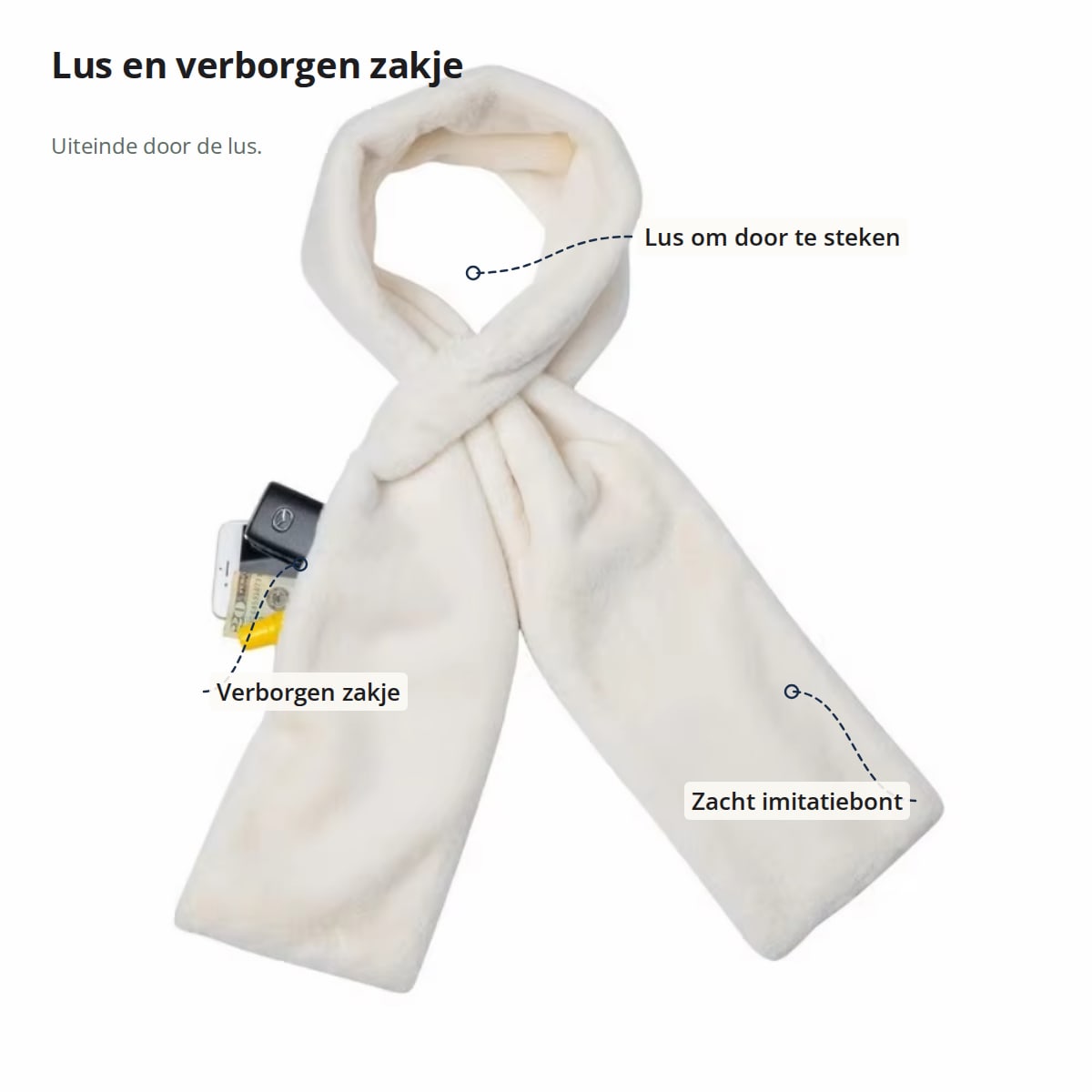 Nekwarmer met aanduidingen: lus om het uiteinde door te steken, verborgen zakje en zacht imitatiebont