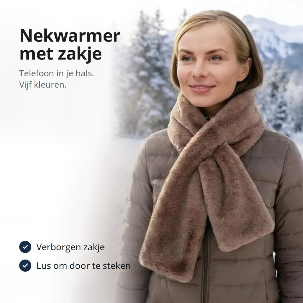 Nekwarmer van imitatiebont met verborgen zakje voor telefoon en sleutels