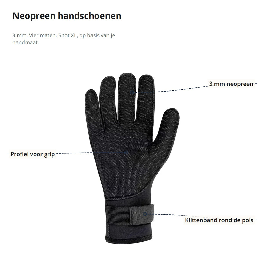 Neopreen handschoen met aanduidingen: 3 mm neopreen, handpalm met profiel en klittenband rond de pols