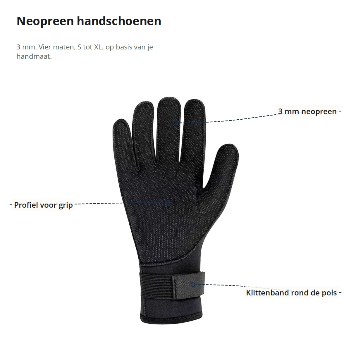 Neopreen handschoen met aanduidingen: 3 mm neopreen, handpalm met profiel en klittenband rond de pols