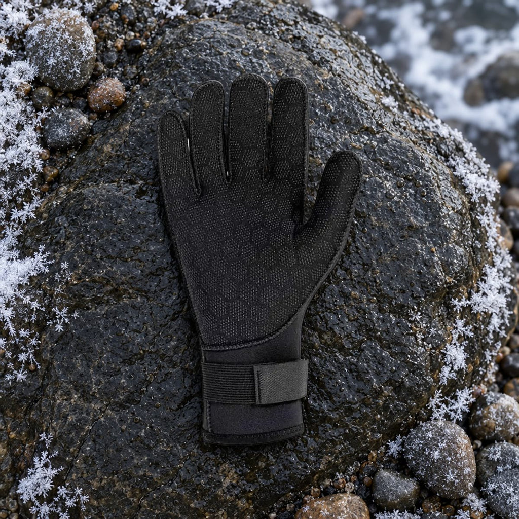 Zwarte neopreen handschoen met profielhandpalm op een natte steen aan zee in de winter