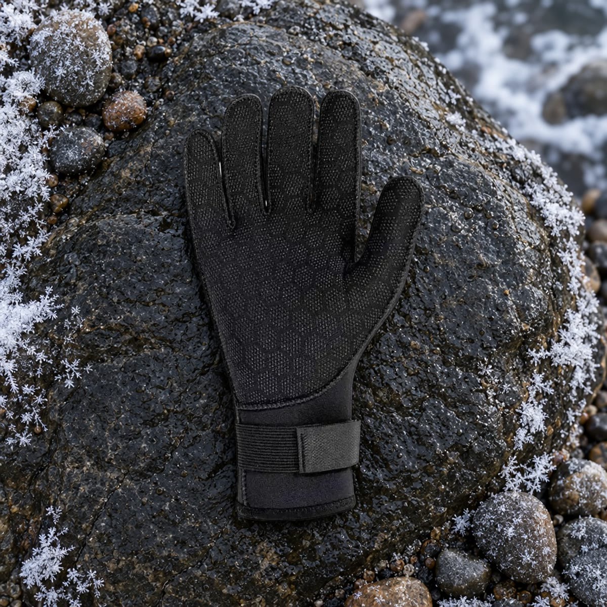 Zwarte neopreen handschoen met profielhandpalm op een natte steen aan zee in de winter