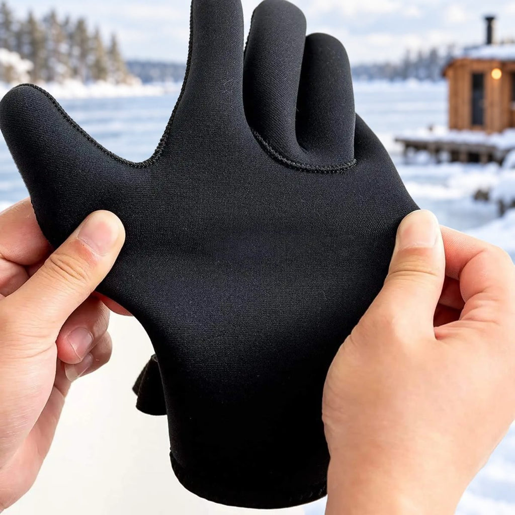Twee handen die een neopreen handschoen uitrekken bij een bevroren meer met een sauna op de achtergrond