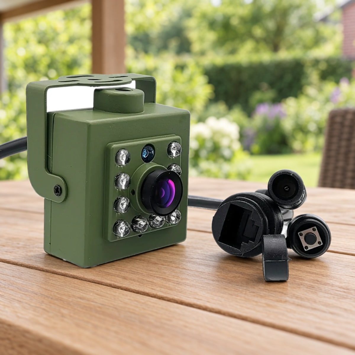 Nestkastcamera met de aansluitingen voor netwerk en stroom op een houten tuintafel