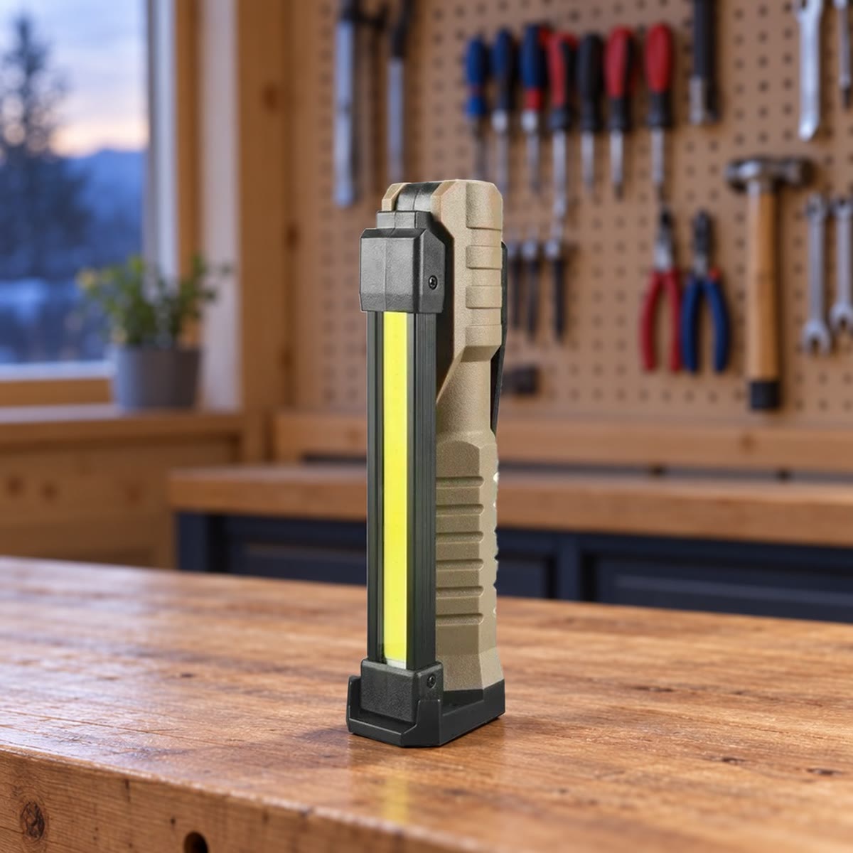 Ingeklapte werklamp met COB-licht langs de zijkant, staand op een werkbank